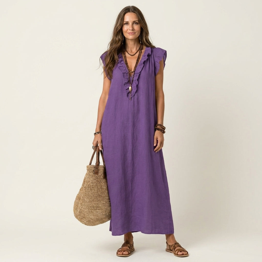 Anita – Langes Kleid mit V-Ausschnitt und Rüschen