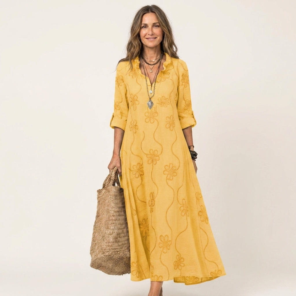 Mariam | Maxikleid aus Baumwoll-Leinen mit farblich abgestimmter Blumenstickerei