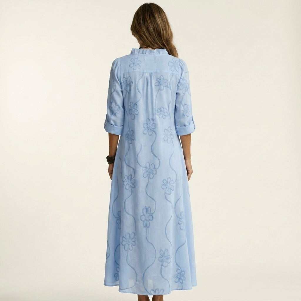 Mariam | Maxikleid aus Baumwoll-Leinen mit farblich abgestimmter Blumenstickerei