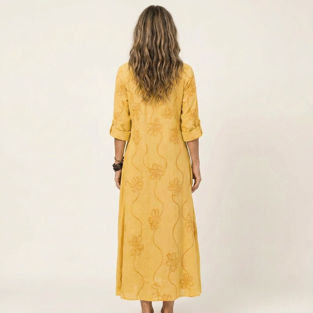 Mariam | Maxikleid aus Baumwoll-Leinen mit farblich abgestimmter Blumenstickerei