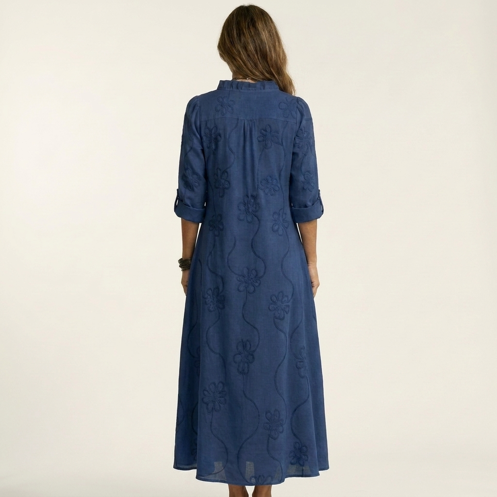 Mariam | Maxikleid aus Baumwoll-Leinen mit farblich abgestimmter Blumenstickerei