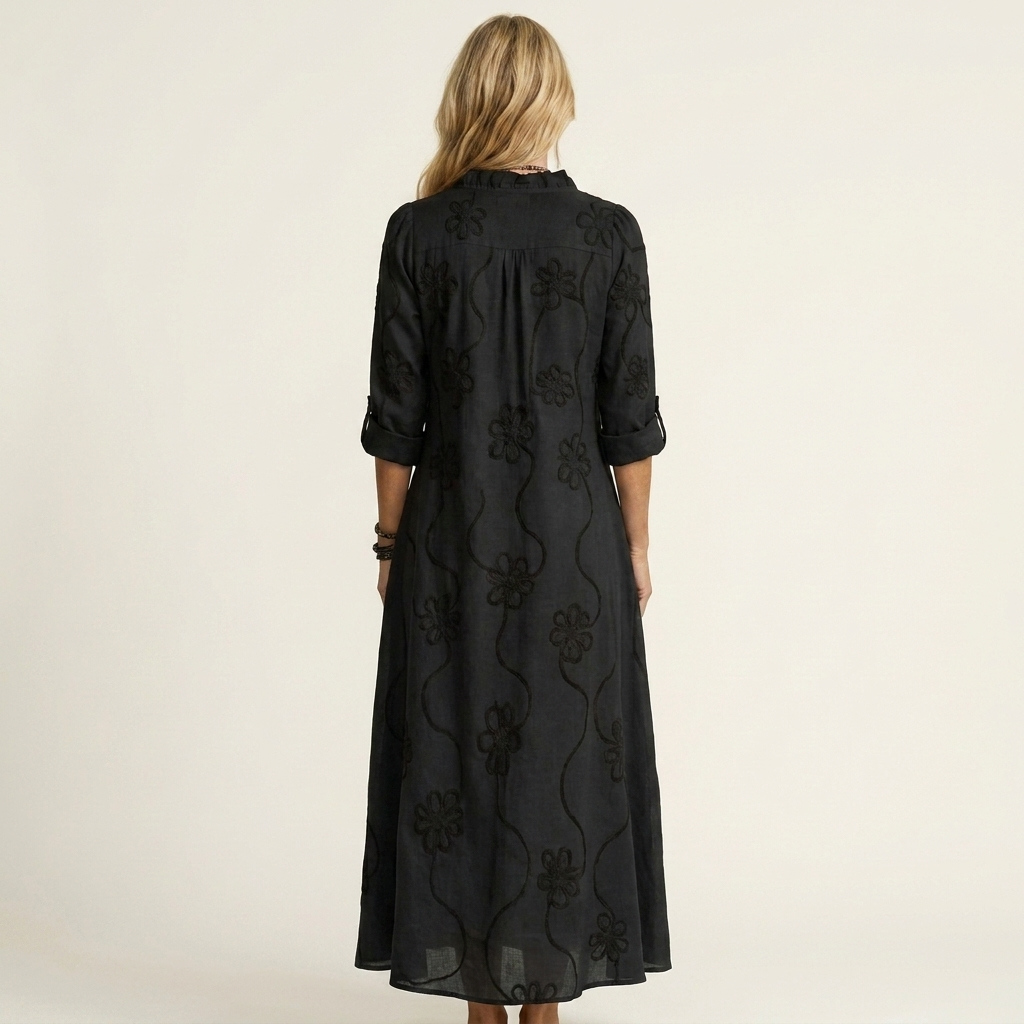 Mariam | Maxikleid aus Baumwoll-Leinen mit farblich abgestimmter Blumenstickerei