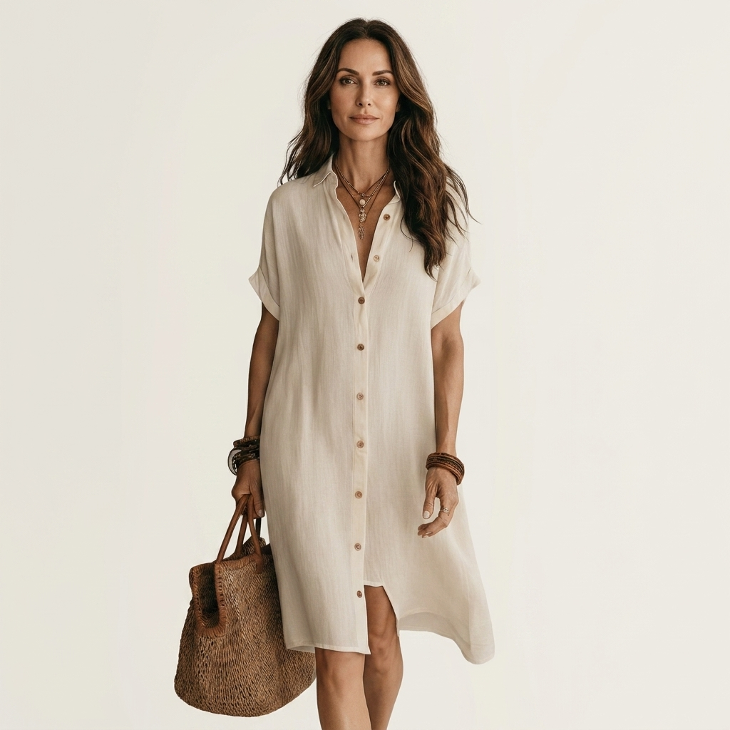 Nidalie | Midi-Shirtkleid aus Baumwoll-Leinen mit umgeschlagenen Ärmelbündchen