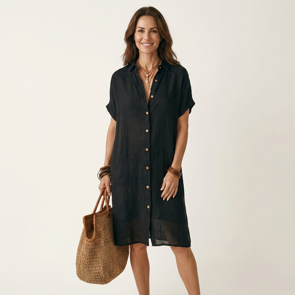 Nidalie | Midi-Shirtkleid aus Baumwoll-Leinen mit umgeschlagenen Ärmelbündchen