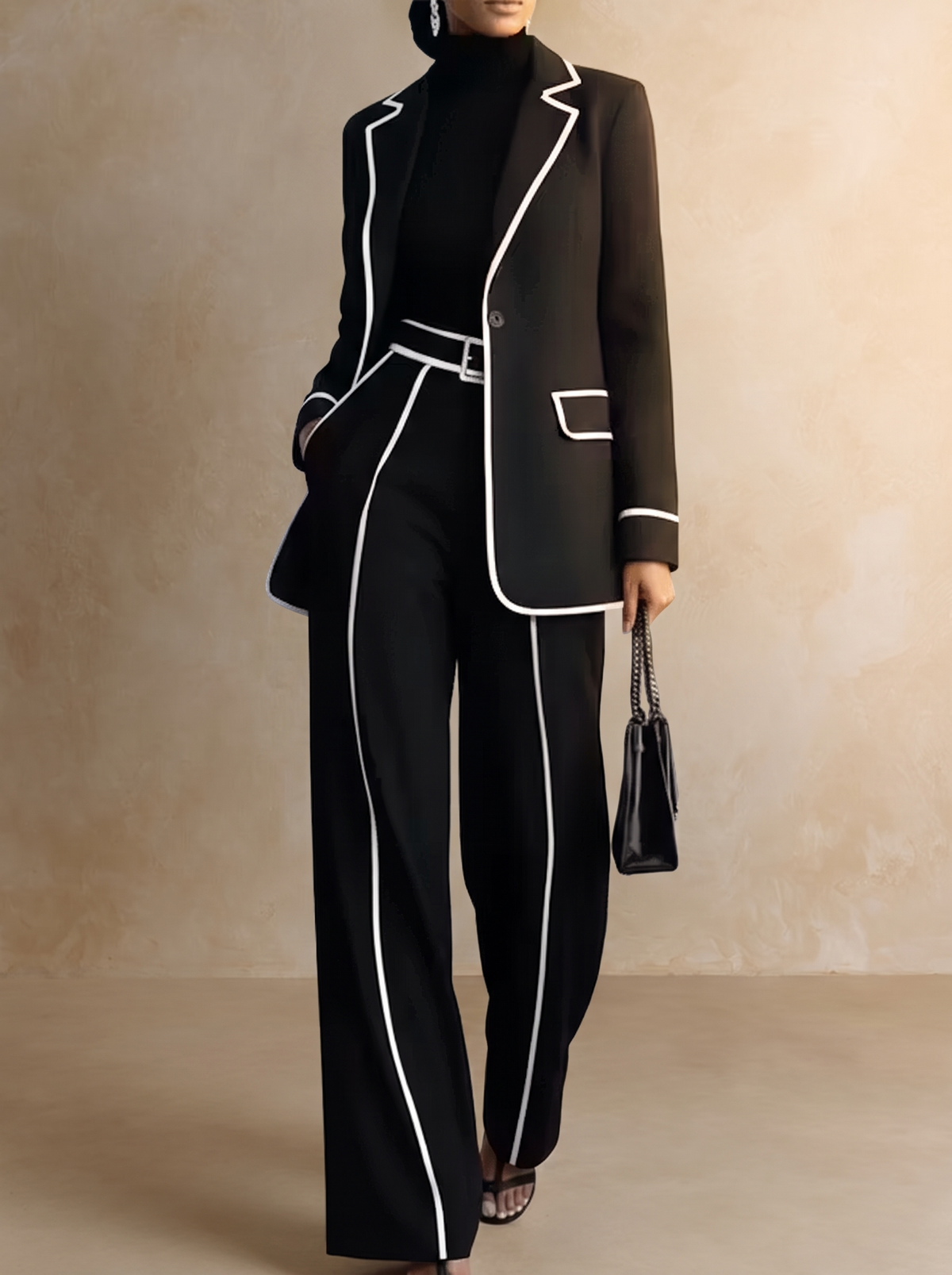 Claudine | Schwarzes zweiteiliges Blazer-Set mit weißer Kontrastpaspelierung und weiter Hose