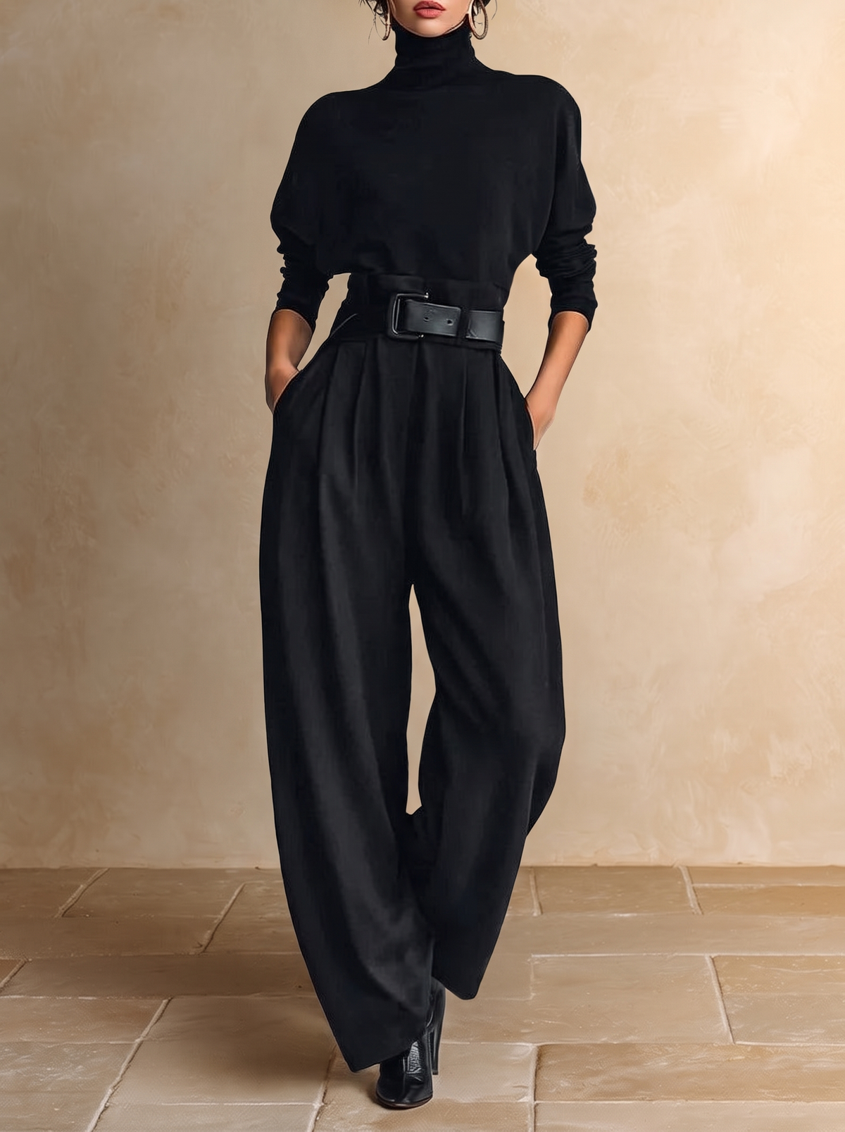 Geneviève | Schwarzes Set mit Stehkragen und gerader Hose