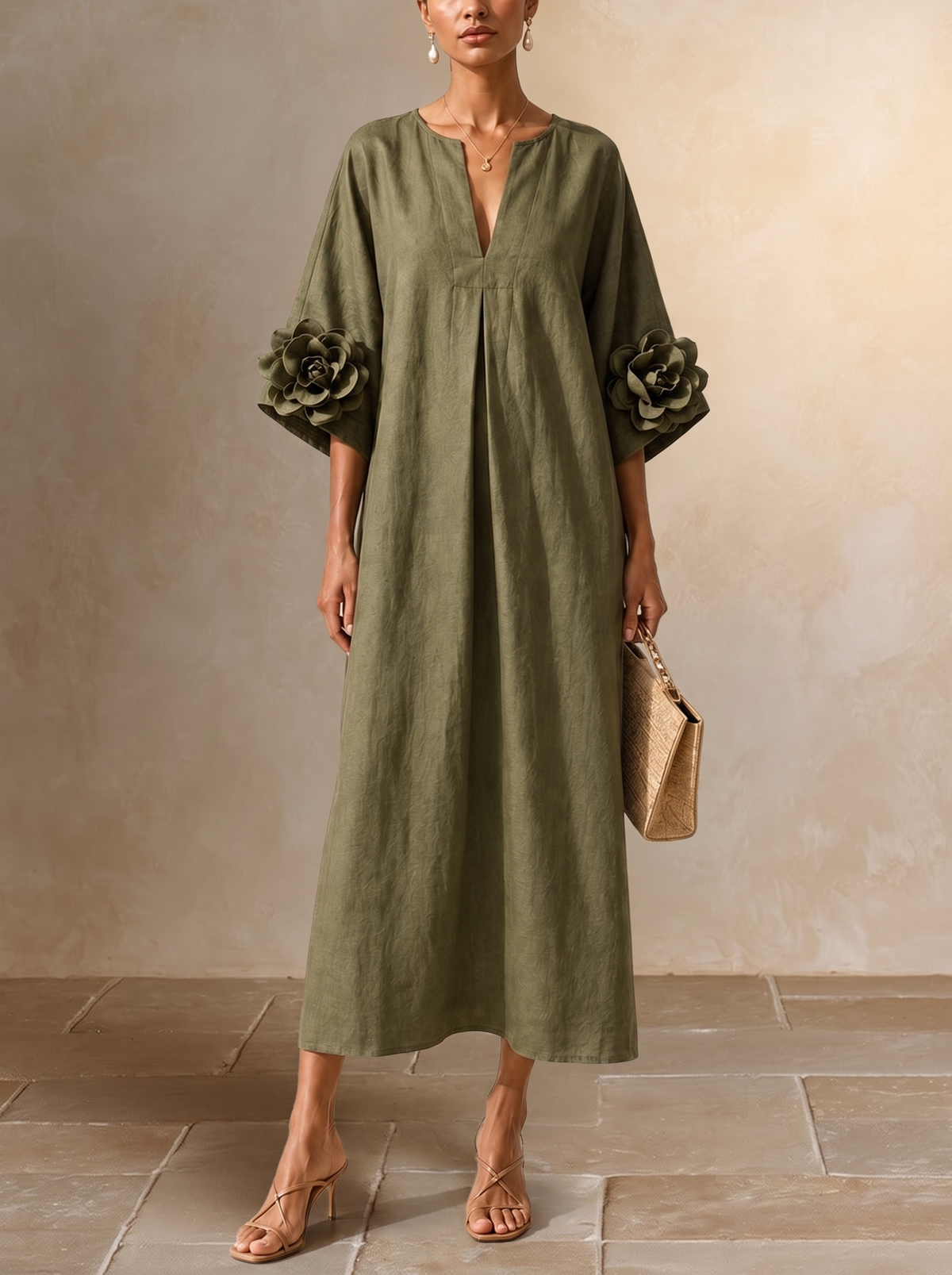 Aurélie | Olivgrünes Midikleid mit V-Ausschnitt und auffälligen Blumenärmeln