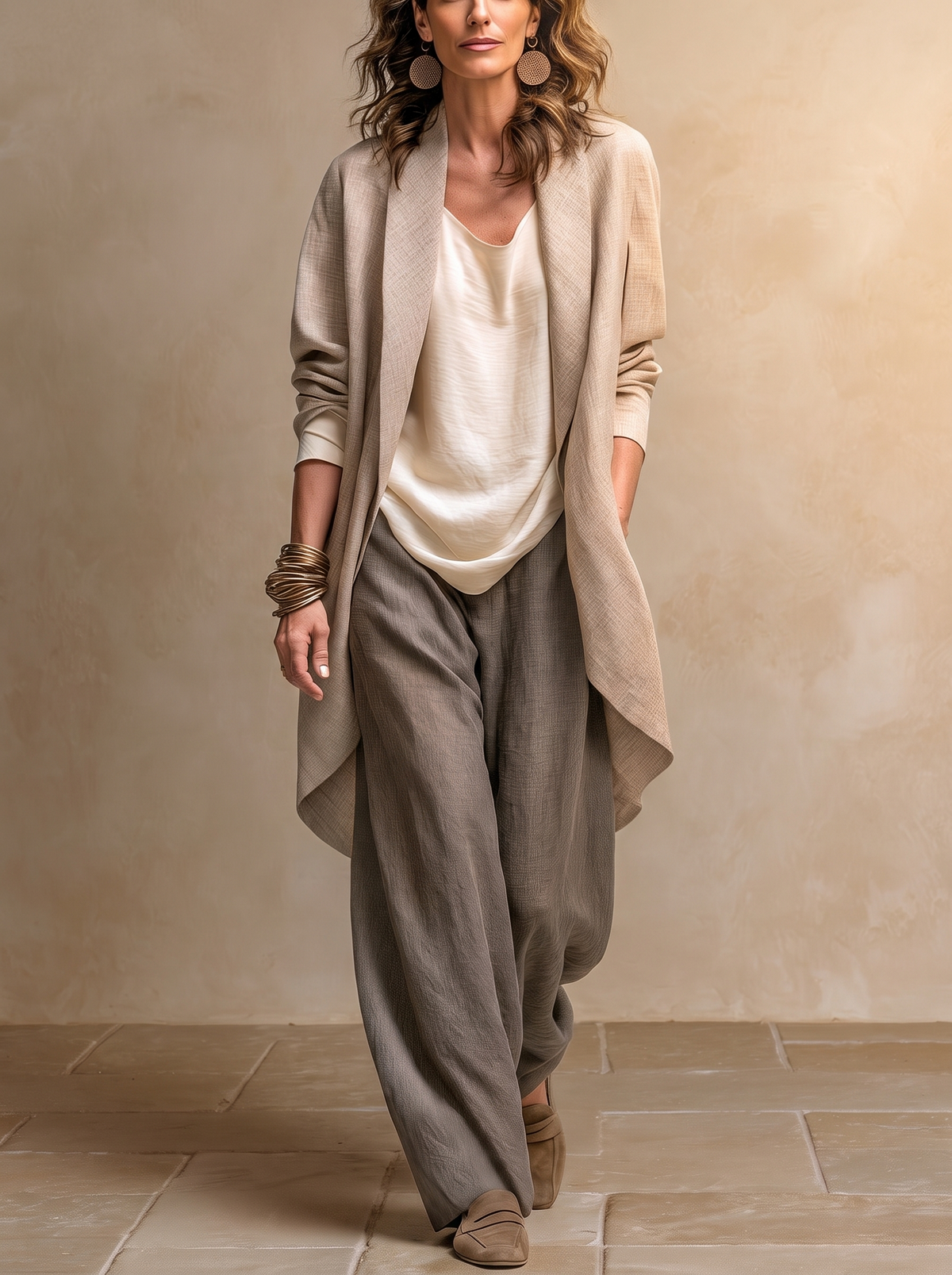 Constance | Elegantes dreiteiliges Set in Beige und Grau mit Palazzo-Hose