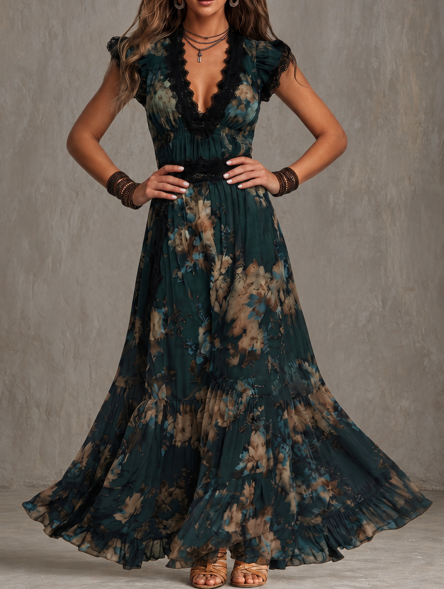 Lucia | Dunkelgrünes Vintage-Maxikleid aus Chiffon mit floraler Spitze