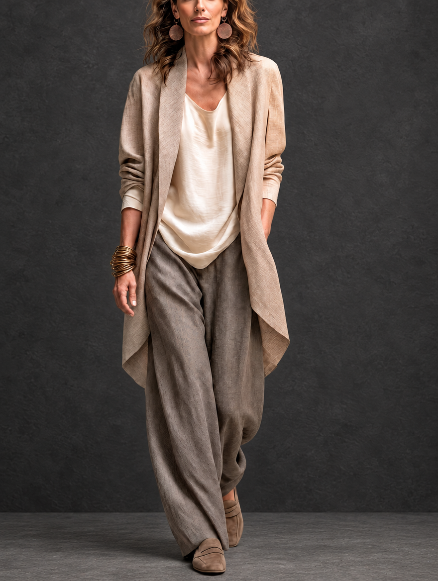 Costanza | Elegantes dreiteiliges Set in Beige und Grau mit mehrlagiger Palazzo-Hose