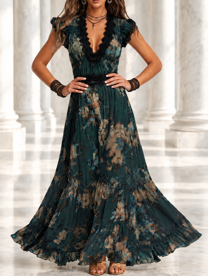 Lucia | Dunkelgrünes Vintage-Maxikleid aus Chiffon mit floraler Spitze