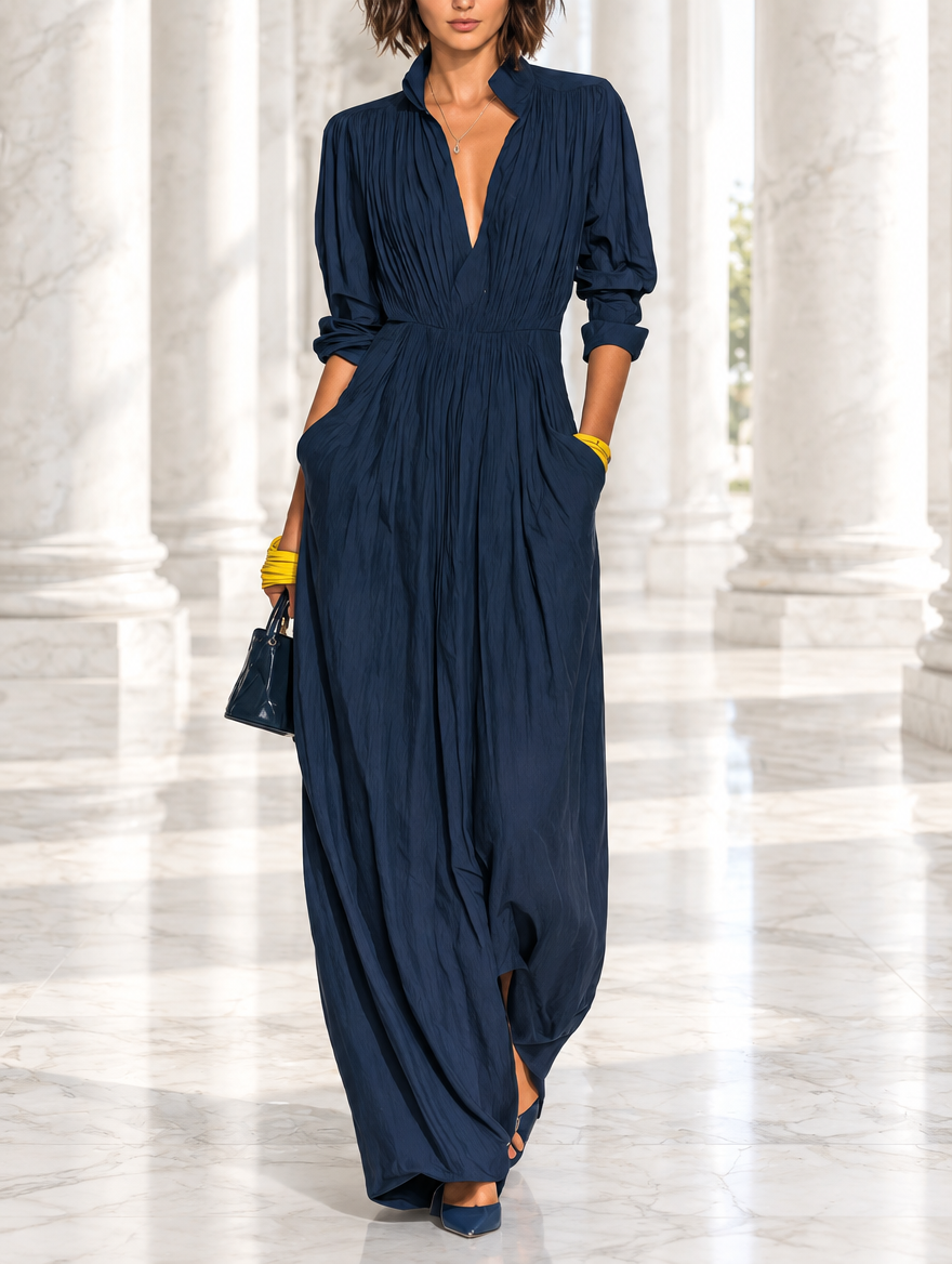 Daniela | Marineblaues plissiertes Maxikleid mit V-Ausschnitt