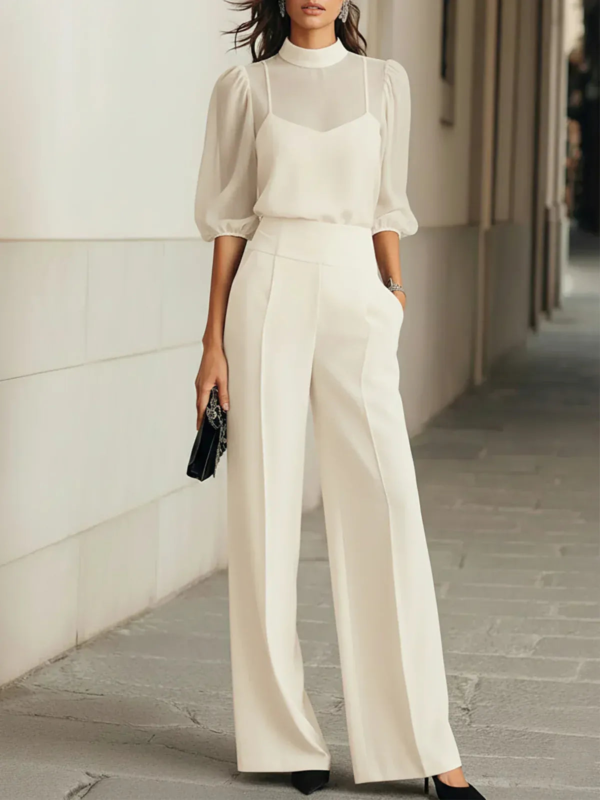Valéria | Dreiteiliges Set mit transparentem Chiffon-Top und weiter Hose