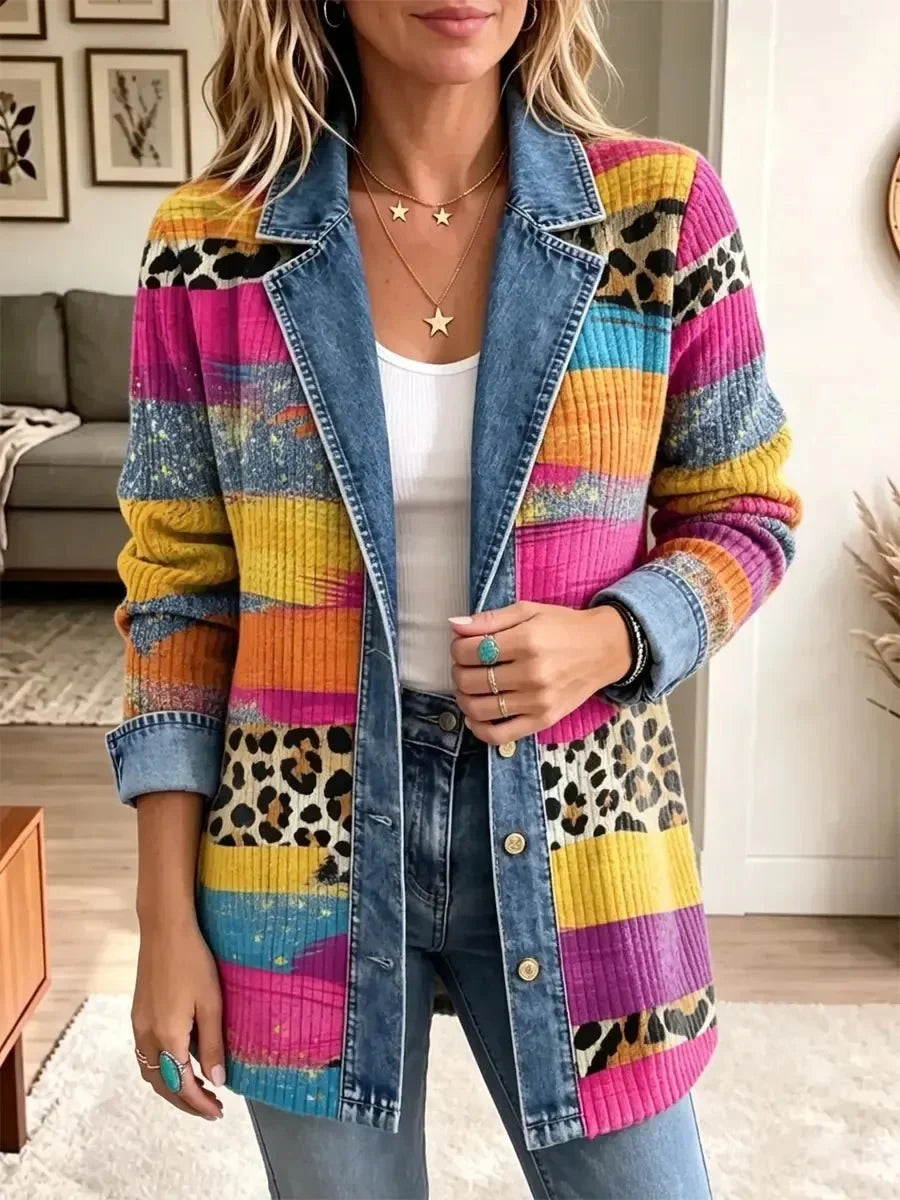 Victoria | Retro-Denimjacke mit Leoparden- und Farbmuster