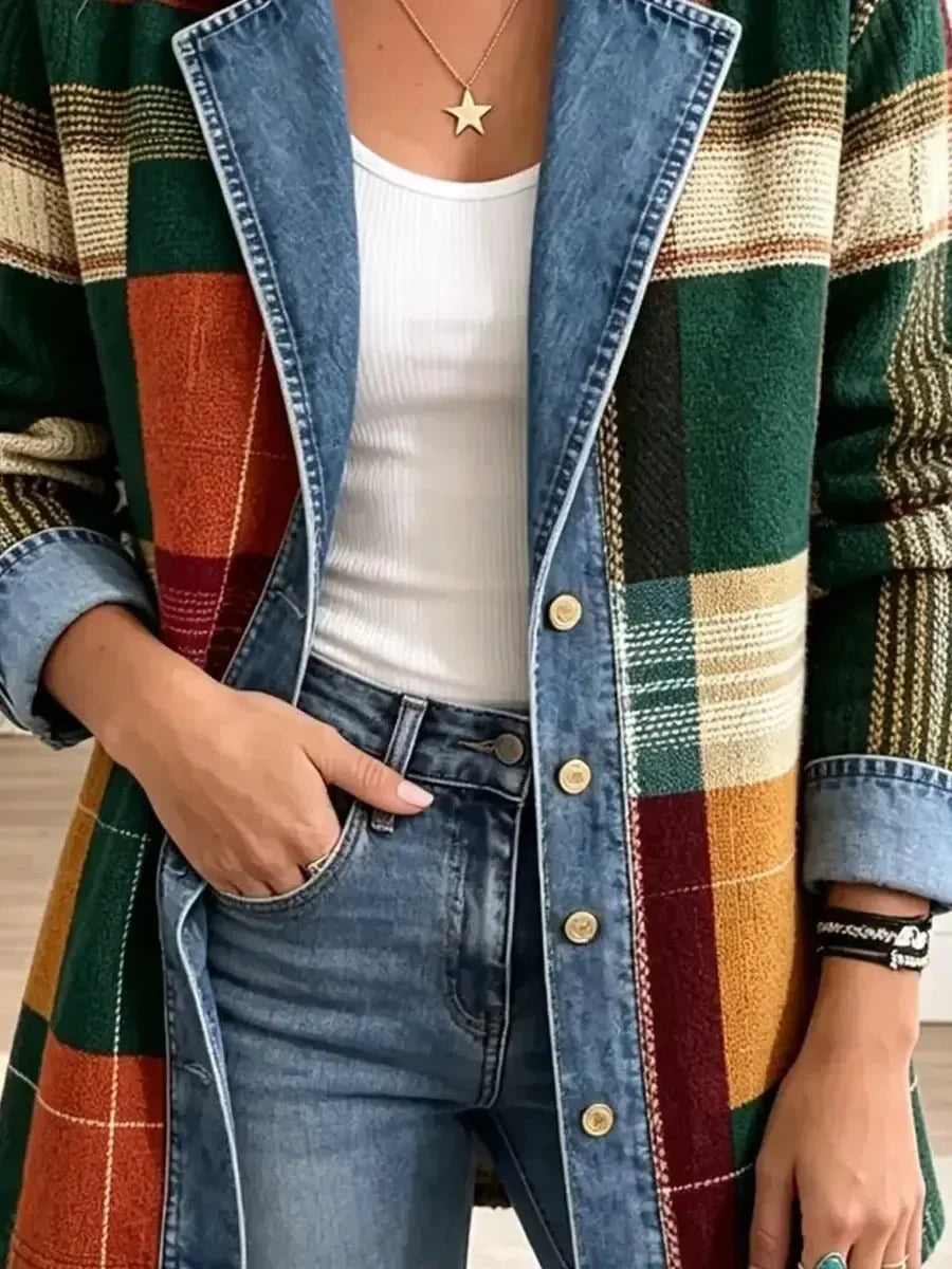 Ella | Lässige Retro-Denimjacke mit kunstvollem Karomuster