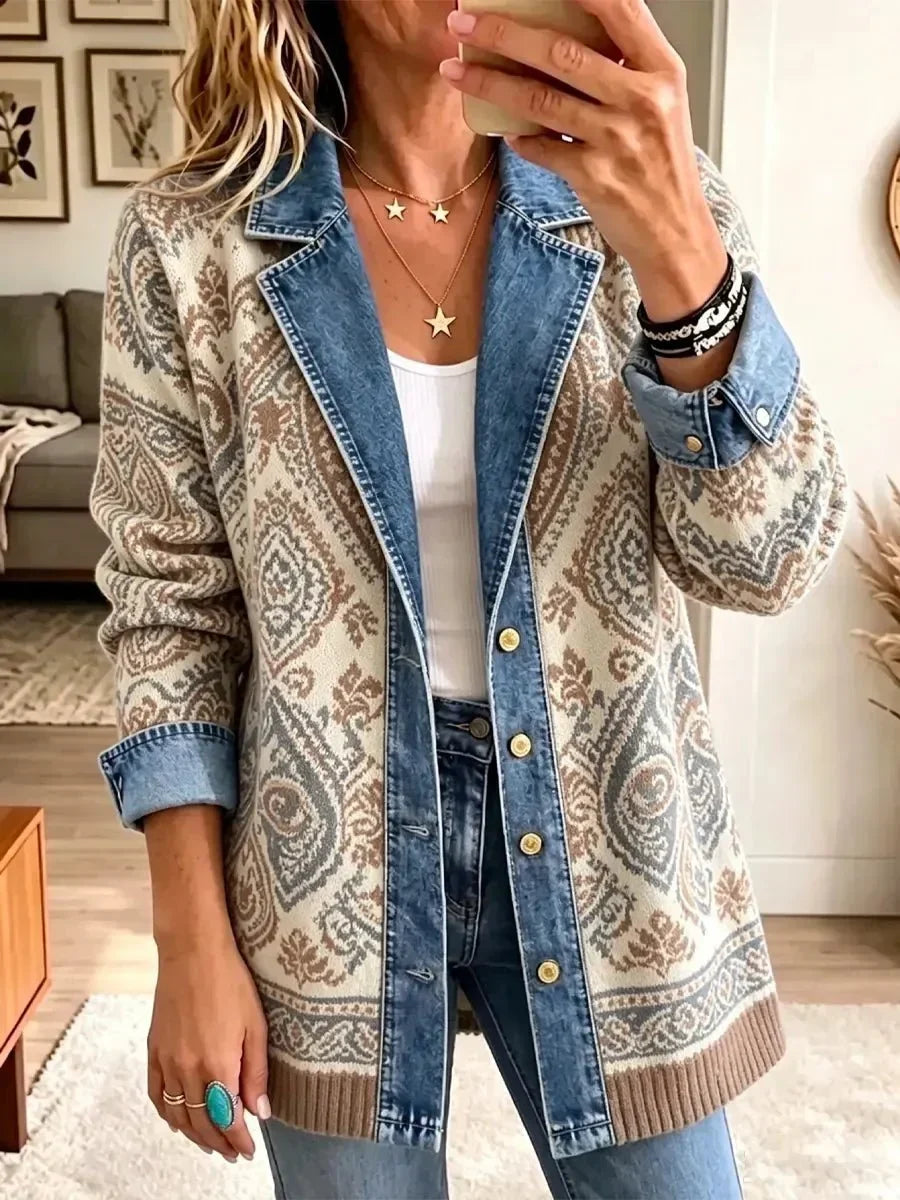 Amelia | Stilvolle Retro-Denim-Patchwork-Jacke im Ethno-Look