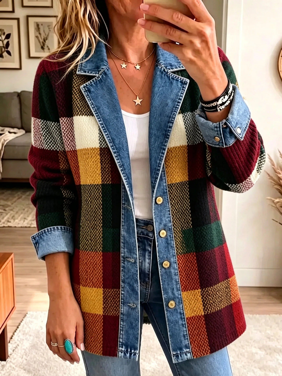 Isabella | Herbstliche Colorblock-Denimjacke mit Karomuster