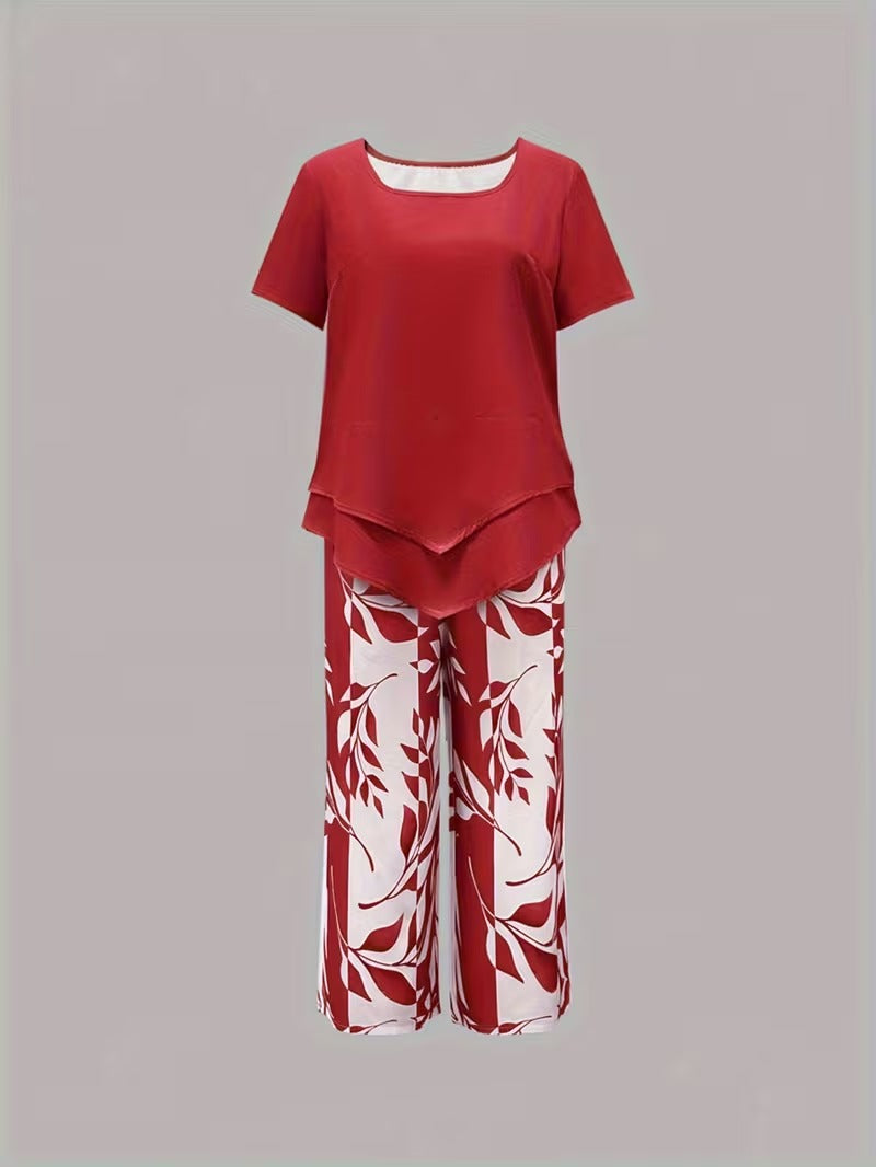 Avy™ | Casual Leaf Print Zweiteiliges Set