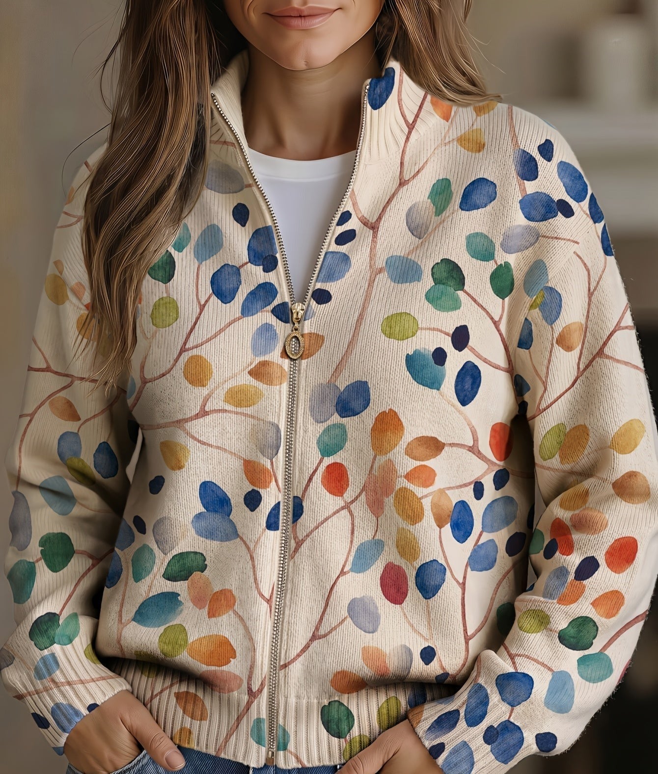 Imogene™ | Reißverschluss-Cardigan mit botanischem Blättermuster