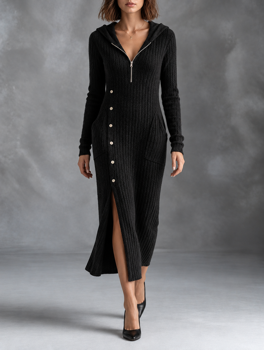 Marcie – Geripptes Midi-Kapuzenkleid