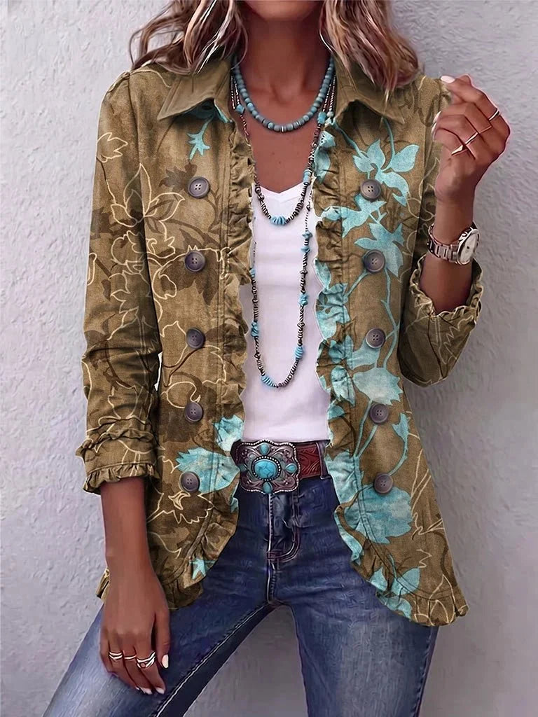 Sundara | Boho-Vintage-Rüschenjacke mit floralem Farbverlauf