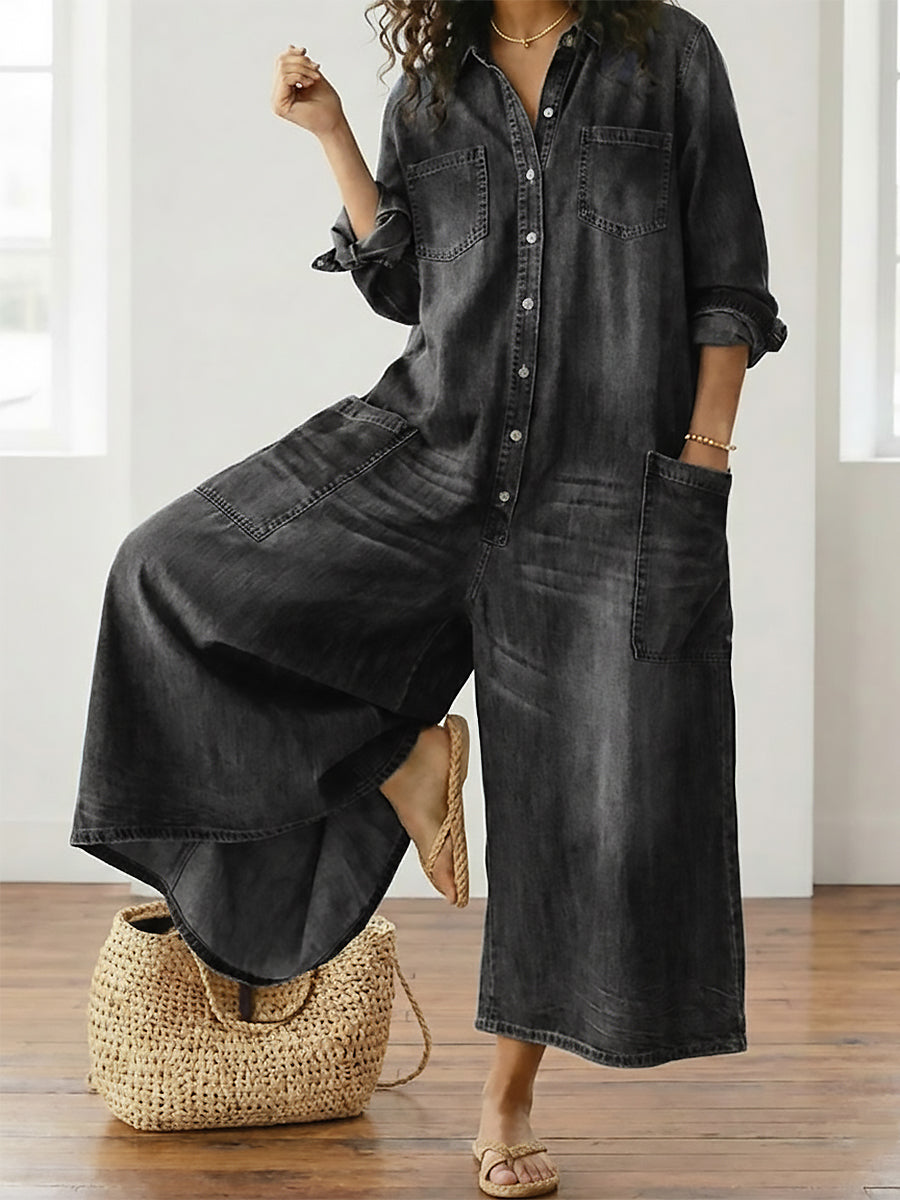 Diana | Vintage Washed Soft Cotton Denim Jumpsuit mit Knopfverschluss