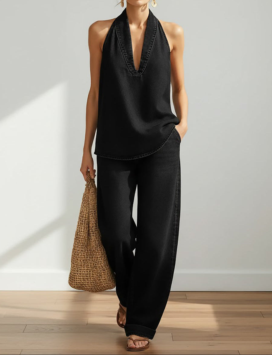 Ivy | Vintage Washed Soft Denim-Look Zweiteiliges Set