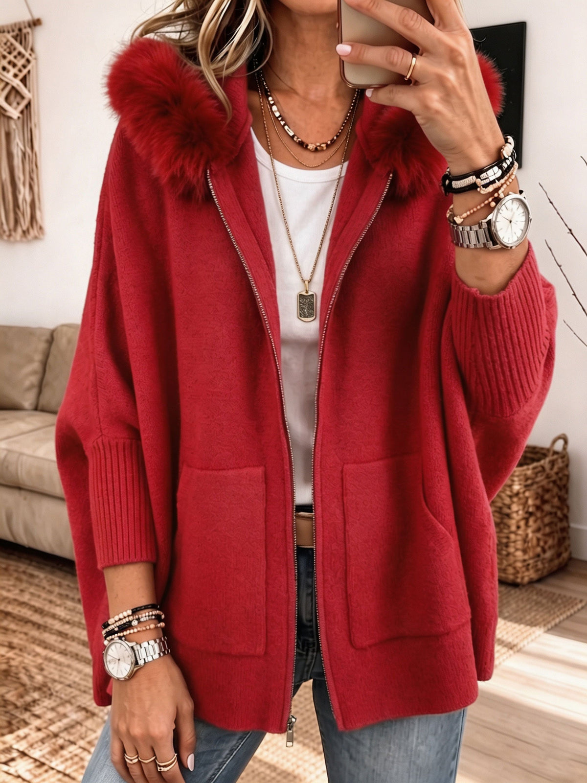 Brynja – Strickcardigan mit Fellkapuze