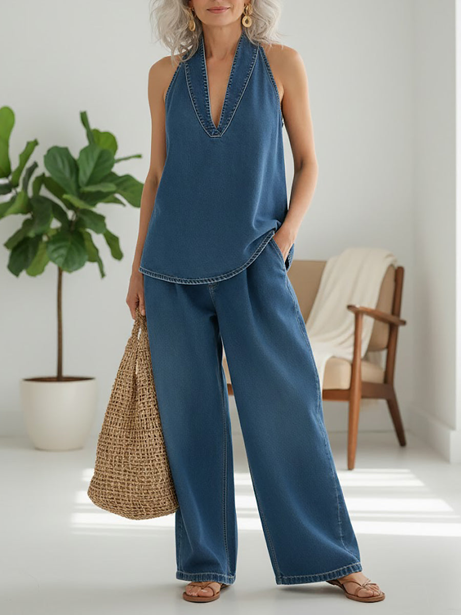 Ivy | Vintage Washed Soft Denim-Look Zweiteiliges Set