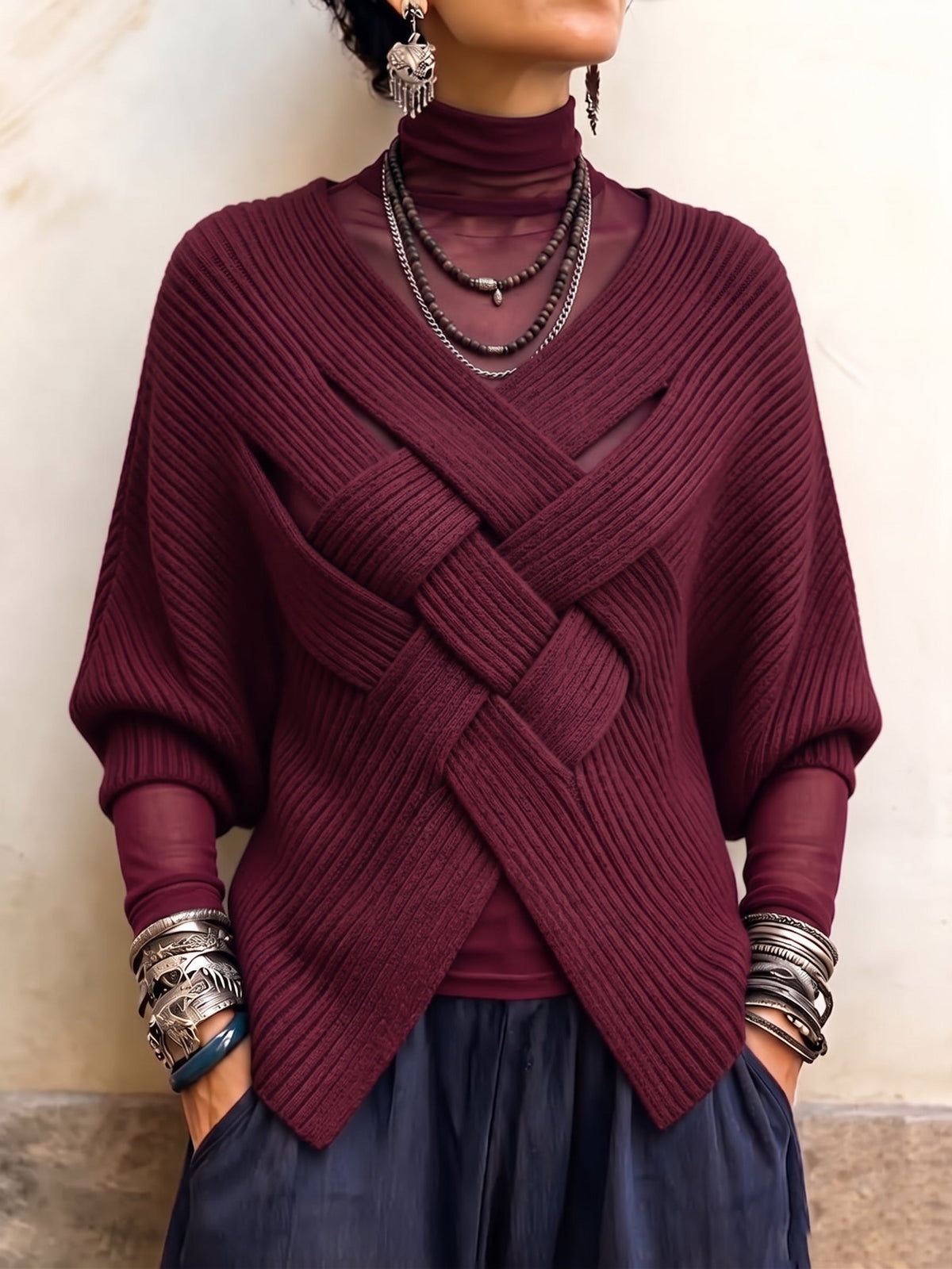 Rosalie – Rippstrickpullover mit gekreuzten Bändern