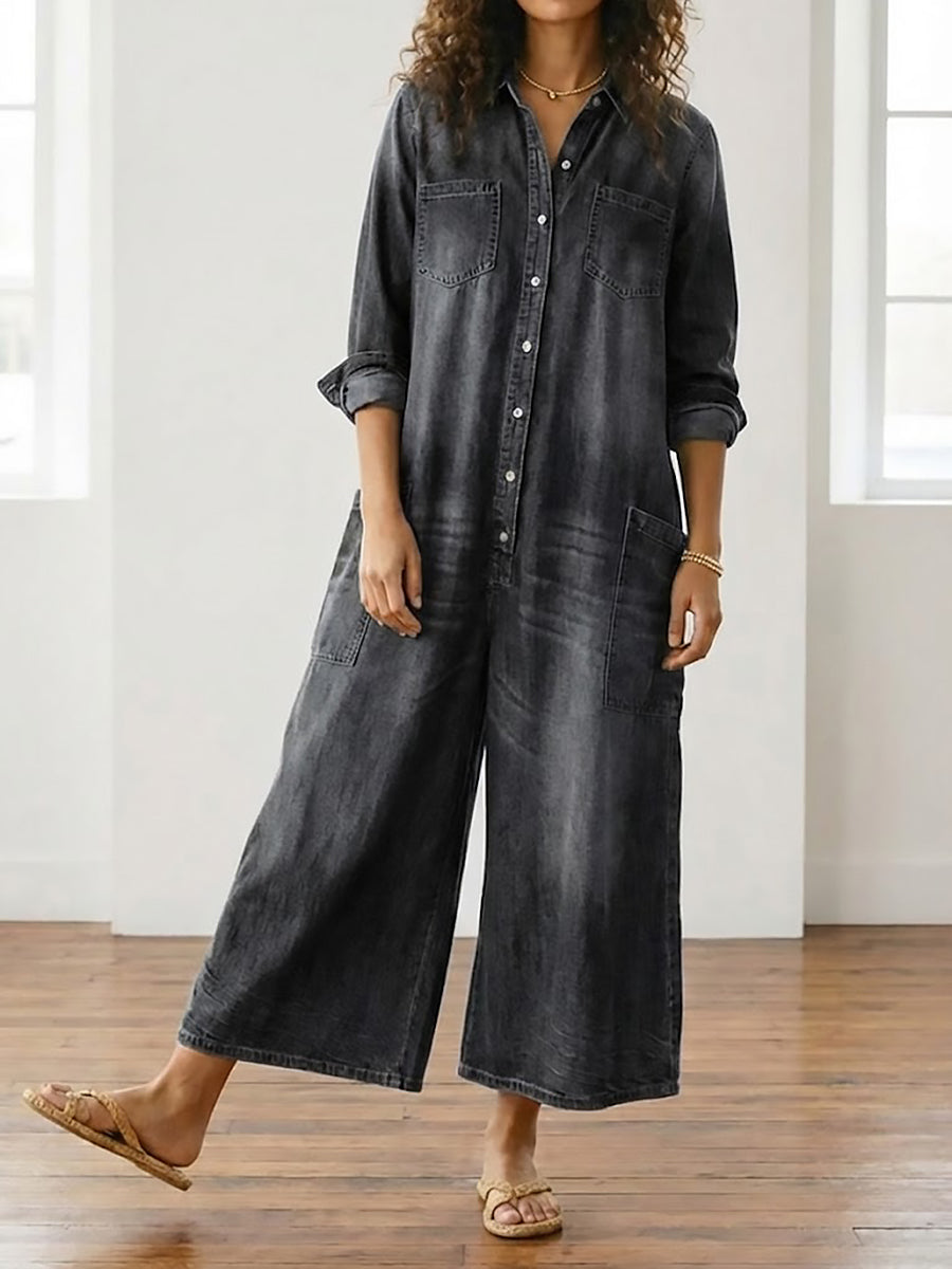 Diana | Vintage Washed Soft Cotton Denim Jumpsuit mit Knopfverschluss
