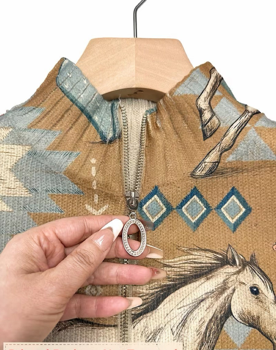 Perpetua™ | Reißverschluss-Cardigan mit Wüstenpferd- und Kaktusmotiv