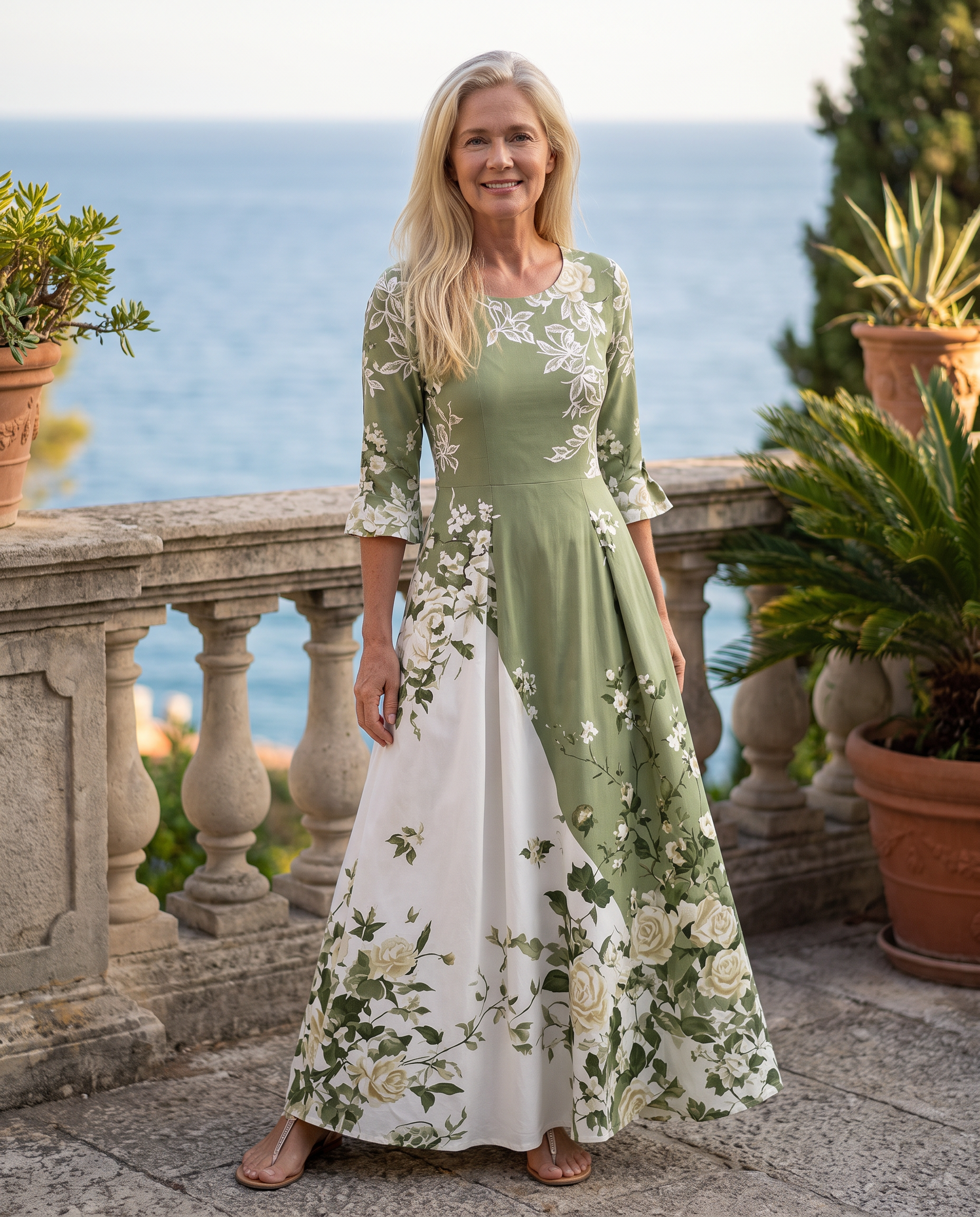 Salbeigrüner Rosengarten Maxikleid mit Taschen