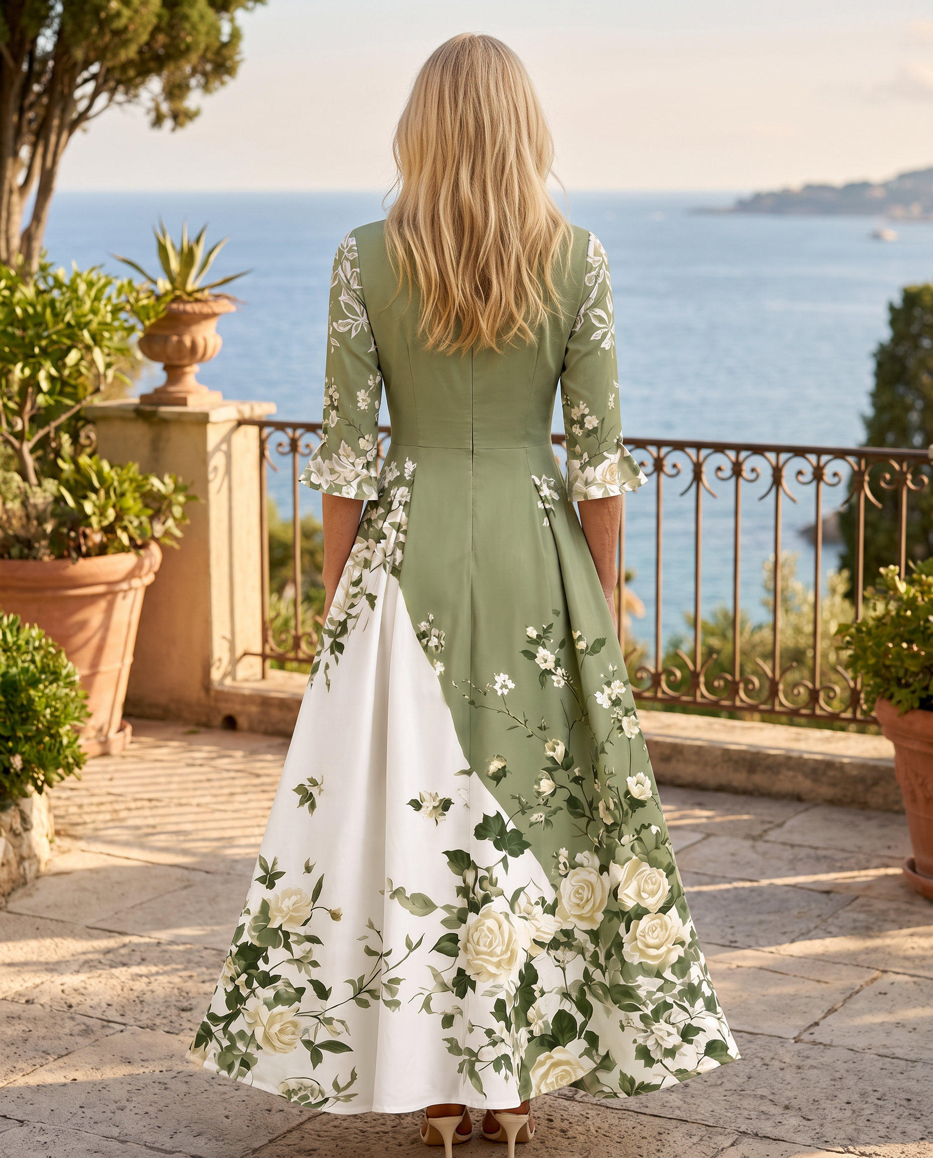 Salbeigrüner Rosengarten Maxikleid mit Taschen