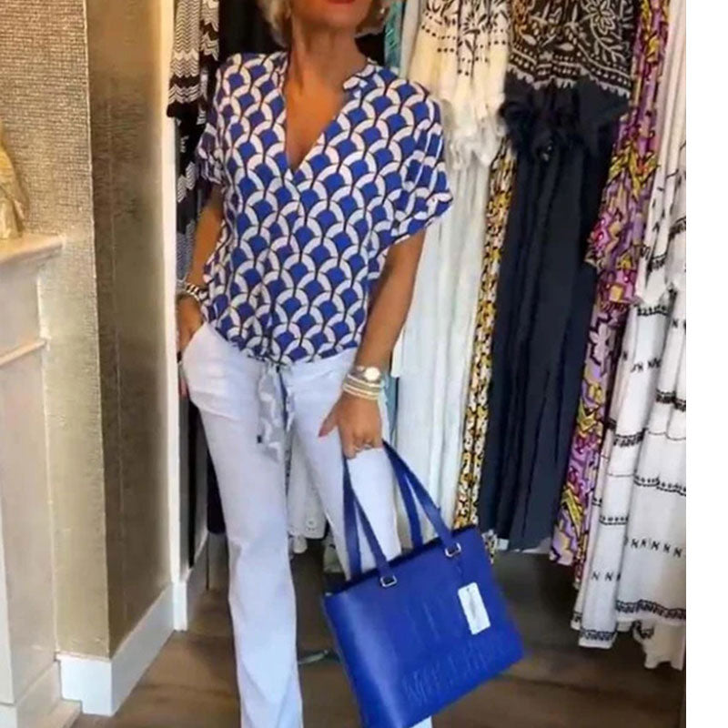 Estelle – Bedrucktes V-Ausschnitt Casual-Top
