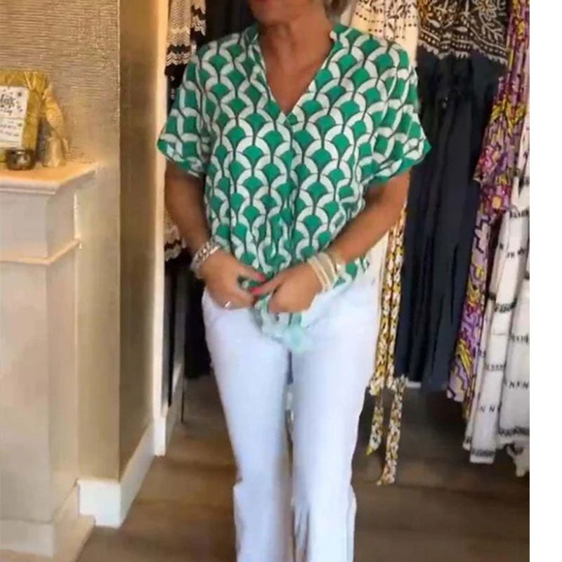Estelle – Bedrucktes V-Ausschnitt Casual-Top