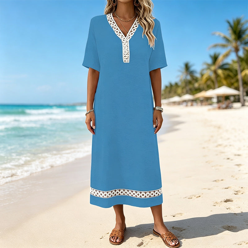 Mirella – Langes Kleid mit V-Ausschnitt und Spitze