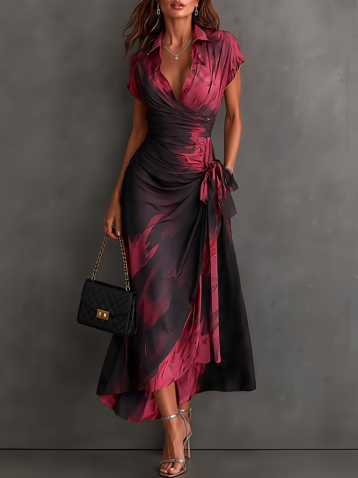Midi-Wickelkleid mit abstraktem rot-schwarzem Print, V-Ausschnitt, kurzen Ärmeln, Bindegürtel und asymmetrischem Volantsaum