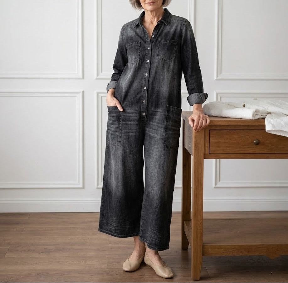 Diana | Vintage Washed Soft Cotton Denim Jumpsuit mit Knopfverschluss