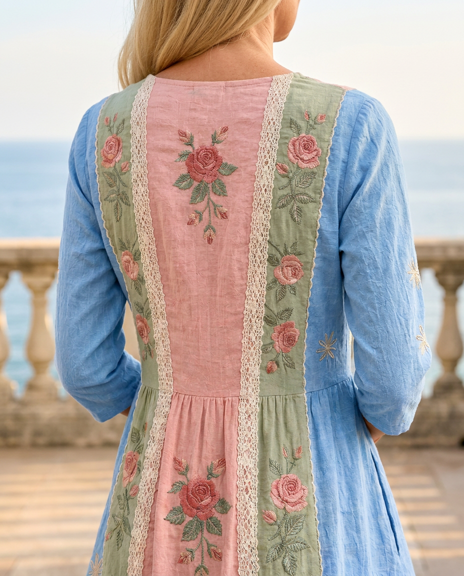 Vintage-Rosengarten Patchwork-Kleid mit Taschen