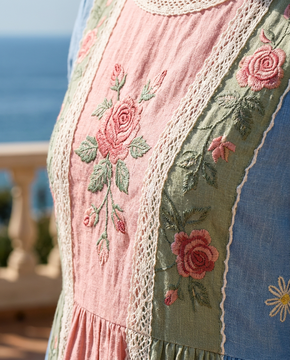 Vintage-Rosengarten Patchwork-Kleid mit Taschen